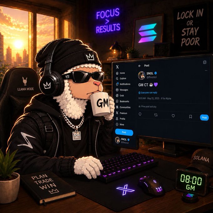 An anthropomorphic llama wearing sunglasses and headphones, labeled "LLAMA MODE," sips from a "GM" mug while posting on X under the handle @livsnol at 8:00 AM, surrounded by neon signs reading "FOCUS > RESULTS" and "LOCK IN OR STAY POOR," with Solana branding visible. The image visually reinforces the "GM Frens" post's theme of staying disciplined and focused while building, embodying the grind-and-grow mindset of the SNOL community.