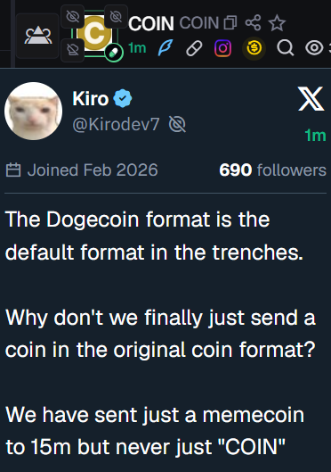 A screenshot of a tweet from @Kirodev7 argues that Dogecoin is the default meme coin format, lamenting that while memecoins have been sent to 15 million people, a simple original "COIN" token has never been deployed. The post contrasts this with the accompanying reply's frustration about dealing with endless bot deploys, highlighting the irony of missed early opportunities versus the chaos of late-stage memecoin culture.