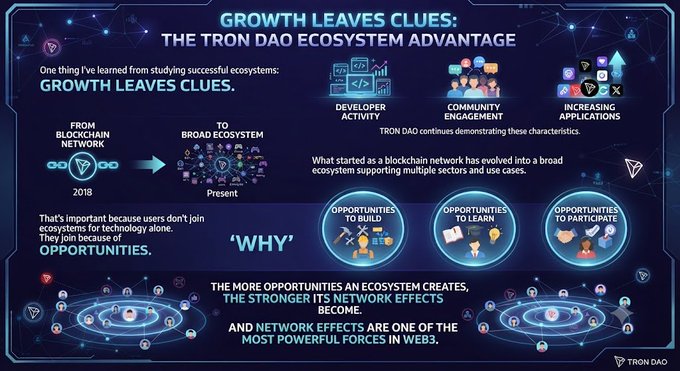 A Tron DAO infographic titled "Growth Leaves Clues: The Tron DAO Ecosystem Advantage" illustrates the evolution from a 2018 blockchain network to today's broad ecosystem, highlighting three key opportunity areas—opportunities to build, learn, and participate—as drivers of strong network effects in Web3.