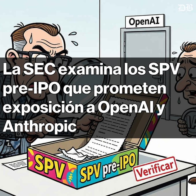 A cartoon image with Spanish text 'La SEC examina los SPV pre-IPO que prometen exposición a OpenAI y Anthropic' depicting characters examining an 'SPV pre-IPO' box labeled 'Verificar' near an 'OpenAI' door.