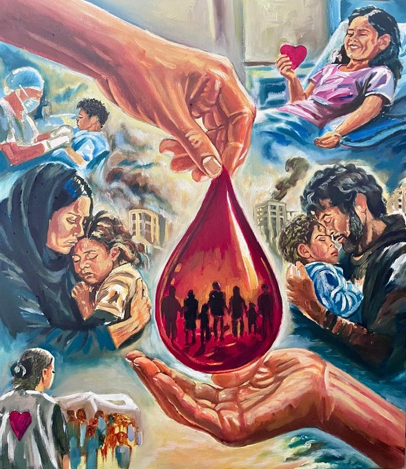 An emotional painting depicting two large hands holding a red blood drop filled with silhouettes of people, surrounded by scenes of suffering, war, and a child holding a heart.