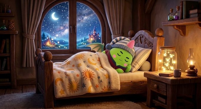 The image features a cartoon green dragon sleeping peacefully in bed with a white comforter and a night light next to him. The background shows an open window overlooking a castle at night, creating a whimsical atmosphere. The caption suggests that people are more interested in sleep-related products or services than the actual product itself.