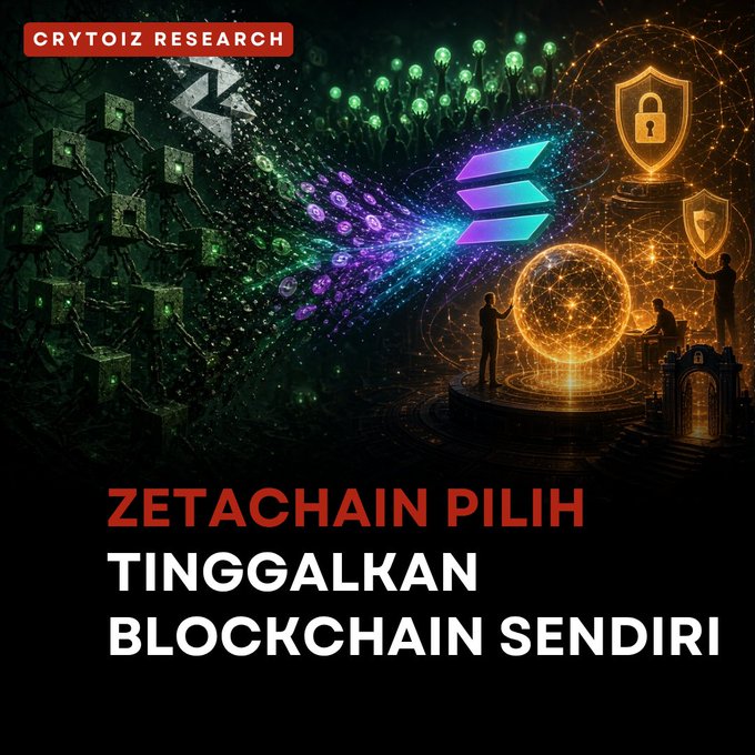 A digital graphic titled 'CRYTOIZ RESEARCH' displays the text 'ZETACHAIN PILIH TINGGALKAN BLOCKCHAIN SENDIRI', featuring a split image contrasting green blockchain cubes with a glowing golden digital sphere and figures.