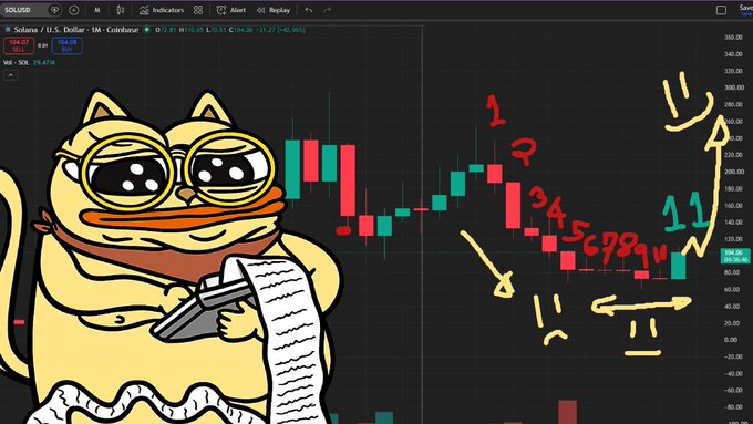 The image shows a Solana (SOL/USD) candlestick chart on TradingView with a cartoon cat meme holding a calculator overlaid, featuring hand-drawn annotations marking candlesticks 1-11 and arrows pointing to a potential breakout above ~$165.96. The chart illustrates the post's claim that SOL is poised to close the month green after ten months of red, with the analyst expecting much higher prices ahead.