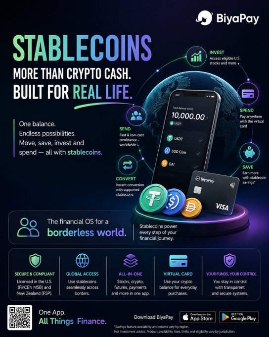 BiyaPay advertisement promoting stablecoins as more than crypto cash, highlighting a $10,000 USDT balance and features like instant conversion, global remittance, investing in U.S. stocks, and a BiyaPay Visa virtual card. The image supports the post by illustrating how stablecoins have evolved beyond simple trading tools into a full financial operating system enabling send, save, invest, and spend functions worldwide.