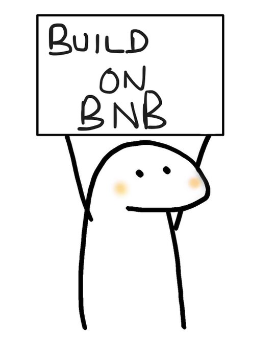A simple cartoon character with a blank smile and blushing cheeks holds up a sign that reads "BUILD ON BNB."
