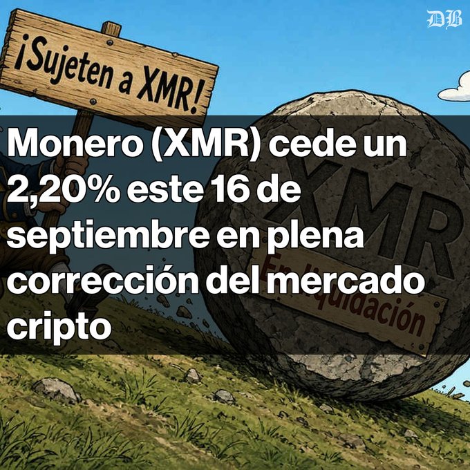 News graphic stating 'Monero (XMR) cede un 2,20% este 16 de septiembre en plena corrección del mercado cripto' with an illustration of a giant rolling XMR boulder labeled 'Liquidación' and a sign reading '¡Sujeten a XMR!'.