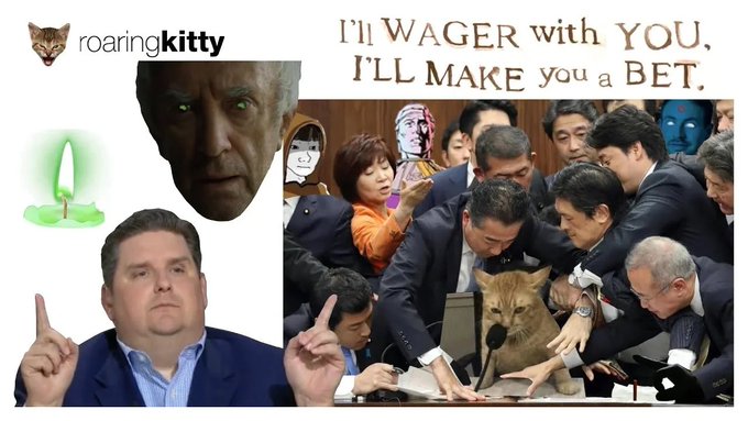 The image features a collage of various elements, including a man's face with a candle, a cat, and other people. The background includes text that reads "I'll Wager With You, I'll Make You A Bet." There is also an image of a man holding a dog in his lap. The post seems to be related to the stock market or financial news, as it mentions the release of a massive news story about the yen and interest rates.