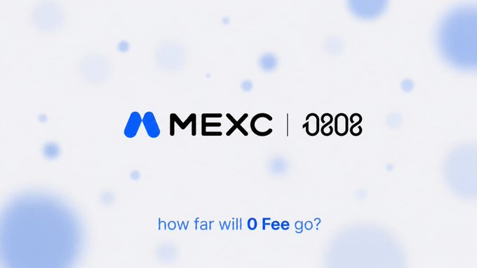 A promotional graphic for MEXC with text '0808' and the tagline 'how far will 0 Fee go?' displayed on a light background with blue bubble decorations.