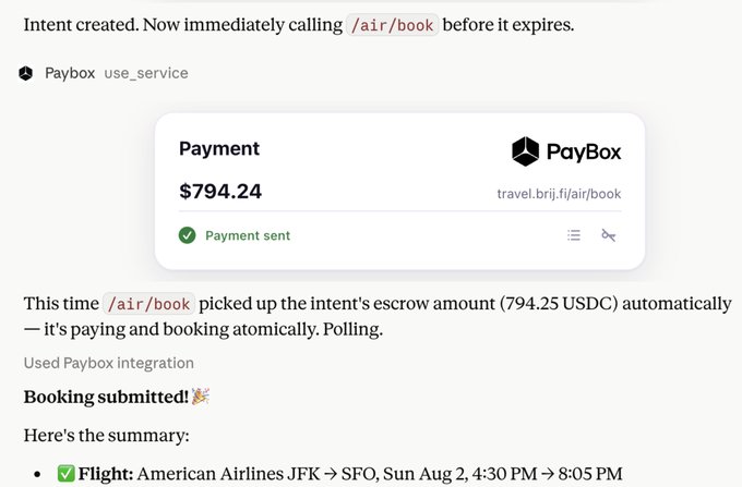 A payment confirmation screen shows $794.24 sent via Paybox to travel.brij.fi/air/book, with text indicating a flight booking was submitted — American Airlines JFK → SFO on Sunday, August 2, from 4:30 PM to 8:05 PM — demonstrating the x402 protocol enabling AI agents to autonomously book flights and pay with Solana.