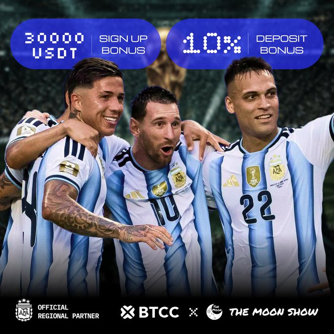 Advertisement featuring Argentine football players including Messi (#10), Lautaro Martinez (#22), and Enzo Fernandez in national team jerseys, promoting a 30,000 USDT sign-up bonus and 10% deposit bonus from BTCC, listed as an Official Regional Partner.