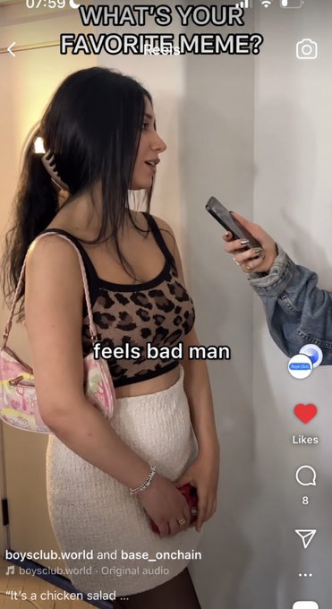 A screenshot of a TikTok video shows a woman in a leopard print top and white skirt being interviewed, with the text "WHAT'S YOUR FAVORITE MEME?" displayed at the top and "feels bad man" and "It's a chicken salad ..." as subtitles. The interview-style meme format parallels the post's prompt asking about favorite crypto memes and tokens like Pepe.