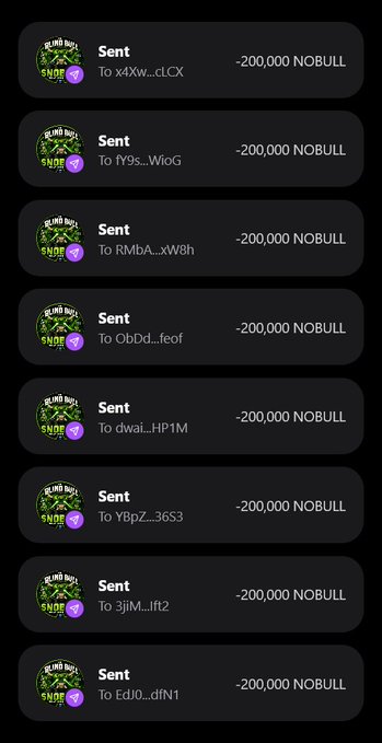 A screenshot of a crypto wallet showing 8 separate "Sent" transactions, each distributing -200,000 NOBULL tokens to different wallet addresses (X4Xw...cLCX, fY9s...WioG, RMbA...xW8h, ObDd...feof, dwai...HP1M, Y8pZ...3653, zjjM...lft2, EdJ0...dfN1), demonstrating the 200,000 $NOBULL token distribution promised in the giveaway post for users who completed the required engagement tasks.