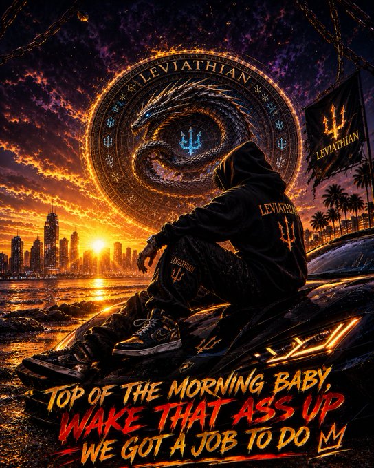 A stylized graphic poster featuring a hooded figure sitting on a car at sunset with a city skyline, displaying a 'LEVIATHIAN' emblem with a serpent and the text 'TOP OF THE MORNING BABY, WAKE THAT ASS UP WE GOT A JOB TO DO'.