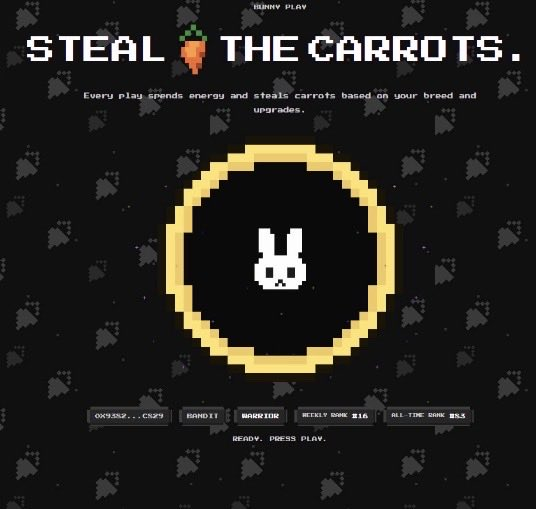 The image depicts an advertisement with a graphic design for a project named "Steal The Carrots". It seems that someone has created this project based on a previous one, as indicated by the phrase "Abtract Bunnybuttonxyz, they extracted more than $22k from Abstract community, a lot of people got burned, but fortunately for most it was only a small investment, that's life, and that's Web3". The website design is pixelated with various icons and images.
