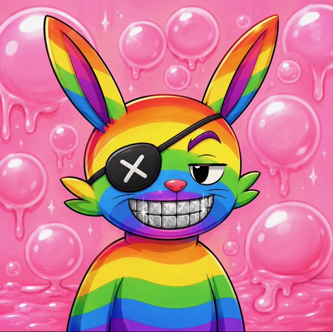 A colorful cartoon illustration of a rainbow-striped rabbit with an eye patch and metallic grills, set against a pink bubble background.