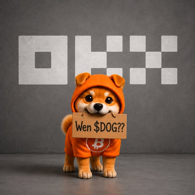 A Shiba Inu dog wearing an orange Bitcoin hoodie holds a cardboard sign reading 'Wen $DOG??' in front of a wall with 'OKX' lettering.