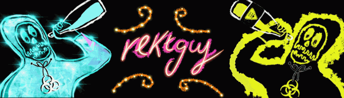The image features a banner with two graphic designs of people and a neon yellow bottle labeled "REkt Guy" written below each design. The background of the banner is black, and there are lights positioned around the border, creating a vibrant and dynamic effect in the composition.