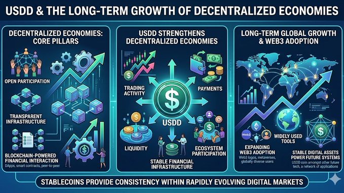 The image presents a graphic representation of three interconnected graphs within a blue square frame against a white background. Each graph displays various aspects of the topic, which includes USDD (United States Digital Dollar), long-term economic growth, centralized economies, USDD and the long-term growth of decentralized economies, and stablecoins' role in supporting these systems. The image also contains text providing information about each aspect within the context of the post.