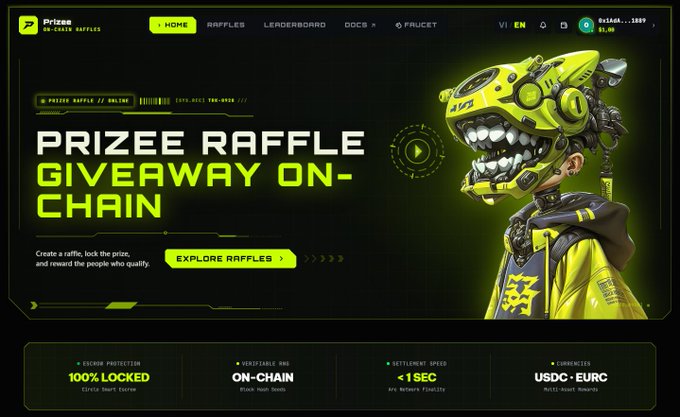 A promotional webpage for 'PriZee' displaying 'PRIZEE RAFFLE GIVEAWAY ON-CHAIN' with a yellow/green robotic character, featuring 'EXPLORE RAFFLES' button and stats like '100% LOCKED', 'ON-CHAIN', '<1 SEC', and 'USDC : EURC'.