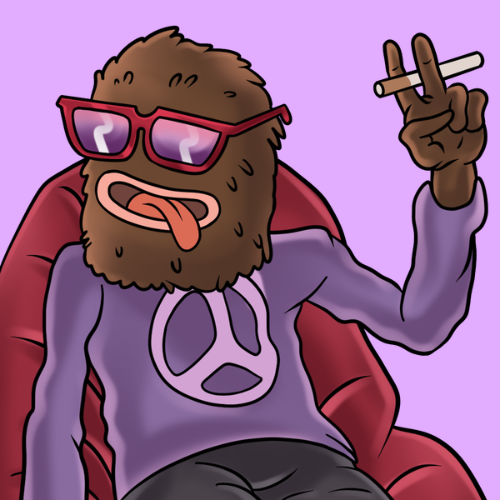 A cartoon illustration of a brown, furry yeti-like character wearing red sunglasses and a purple sweater with a peace sign, sticking out its tongue and holding up a peace sign while smoking a cigarette.