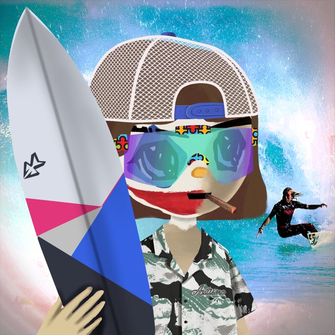 A stylized digital artwork features a cartoon character wearing a trucker hat with "LA" in orange and purple letters, oversized reflective sunglasses, and a camouflage shirt while holding a surfboard, set against a background with a surfer riding a wave.