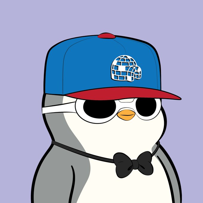 An illustration of a cartoon penguin wearing a blue baseball cap with a red brim and an igloo logo, along with white sunglasses and a black bow tie.