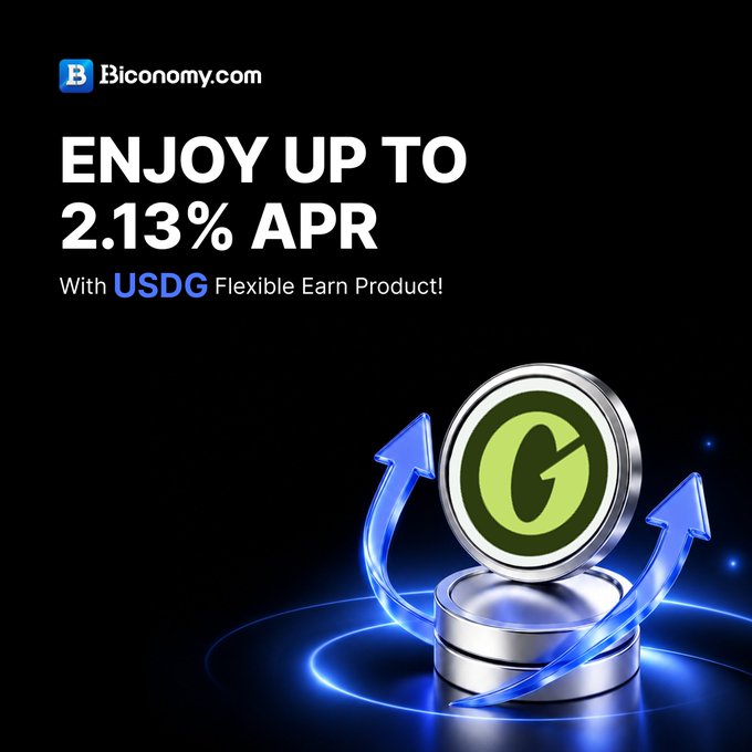 A promotional graphic from Biconomy.com advertising 'ENJOY UP TO 2.13% APR With USDG Flexible Earn Product!', featuring a 3D rendered USDG coin on a dark background with blue upward arrows.