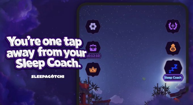 An advertisement for a Sleepagotchi app featuring the tagline 'You're one tap away from your Sleep Coach' alongside a screenshot showing various hexagonal icons including a Sleep Coach option.