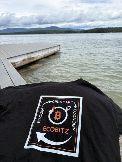 The image features a black t-shirt with an orange and white design on the front, which includes a Bitcoin logo and text related to the Bitcoin economy. The shirt is displayed on a wooden dock or pier, overlooking a body of water. The text "From Mitaboni, Kenya to Lake Winnipesaukee" suggests that this t-shirt was made in Kenya by someone named Mitaboni. The design also mentions the Bitcoin economy, which could be interpreted as a connection between the Bitcoin concept and the economic aspects of the image's location.
