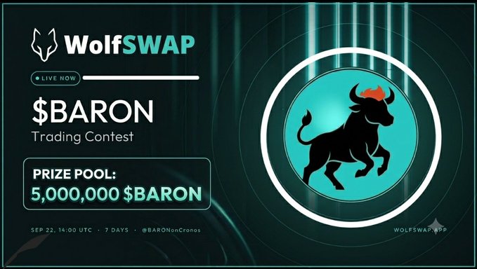 A promotional banner for a WolfSwap $BARON Trading Contest with a prize pool of 5,000,000 $BARON, featuring a black bull logo with a crown.