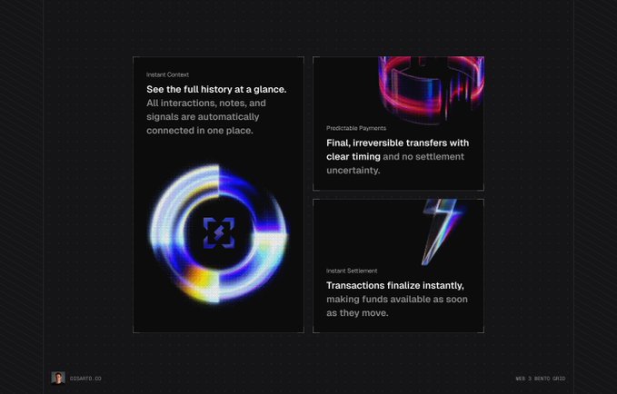 Dark-themed web design layout highlighting features: 'Instant Content' (full history at a glance), 'Predictable Payments' (final, irreversible transfers), and 'Instant Settlement' (transactions finalize instantly).
