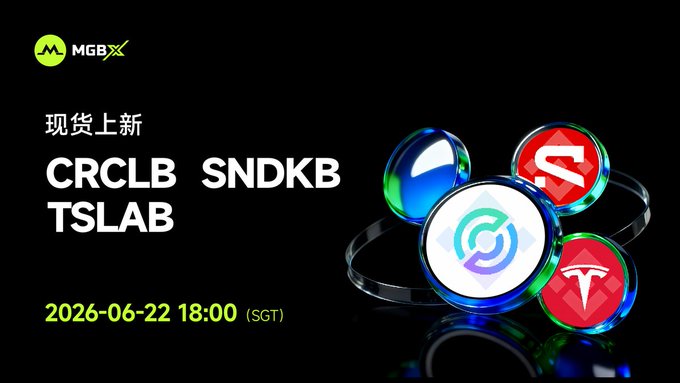 The image features a poster for a trading platform called "MGBX" that offers various cryptocurrency options, including CRCLB/USDT, SNDKB/USDT, TSLAB/USDT, and more. The poster is displayed against a black background with white text, making it easy to read and understand the offerings of the trading platform.