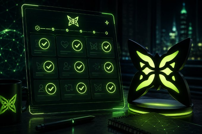 A glowing green quest board with checkmarks and a butterfly-themed lamp sits on a desk, visualizing the simple task list referenced in the post about @quipnetwork's final season quests. The neon aesthetic resonates with the "little moment" of realization that engaging with the post boils down to just liking and retweeting.