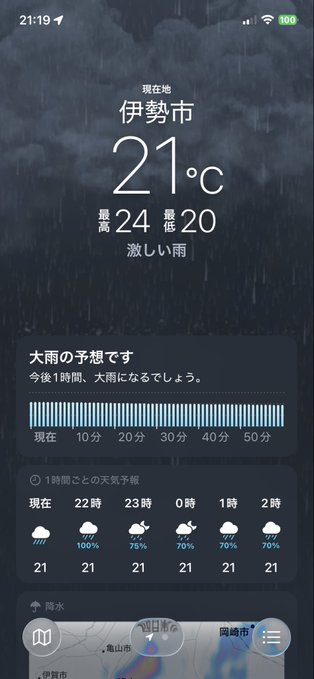 The image shows a weather forecast app with a dark background, displaying the current temperature of 21 degrees Celsius and the time as 24 degrees Celsius. The app also provides information about the current weather conditions for various locations around the world.