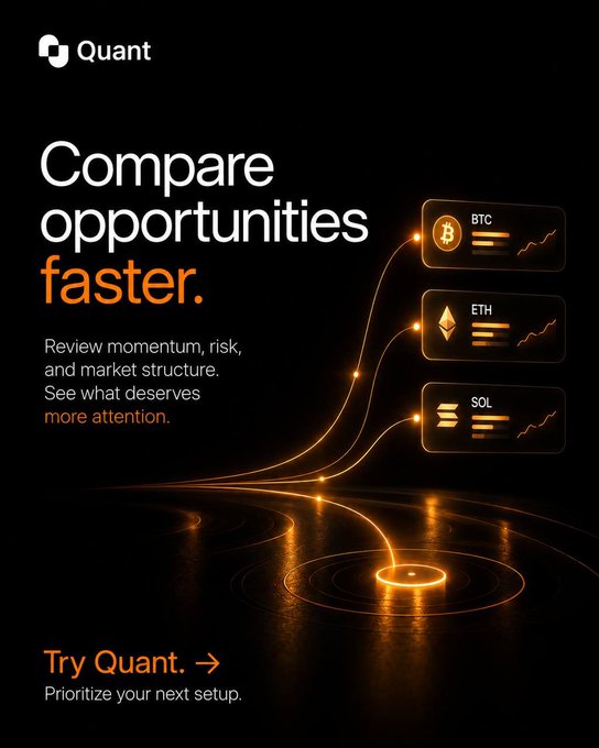 A digital advertisement for 'Quant' reads 'Compare opportunities faster.' and lists cryptocurrencies BTC, ETH, and SOL, encouraging users to 'Try Quant.'