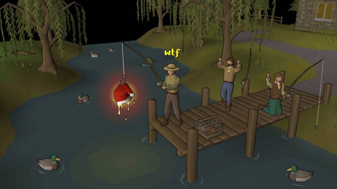 The image shows a scene from the Old School RuneScape-style game featuring characters fishing on a wooden dock, with one character reeling in a Santa hat from the water that glows red with a "wtf" text above. This relates to the post announcing dedicated social communities for the $SANTA token, suggesting the meme humorously captures the surprise and excitement of discovering the rare Santa hat item in-game.