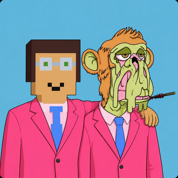 A pixelated character in a pink suit and blue tie stands arm-in-arm with a melting, mutant monkey-like figure wearing a matching pink suit, blue tie, and smoking a cigarette, set against a blue background. The post celebrates "Mutant Monday" with the matching pink suits symbolizing their "clocked in" bored crypto culture persona.