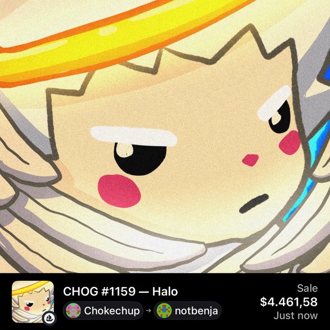 An NFT marketplace listing showing 'CHOG #1159 — Halo' by Chokechup, sold to notbenja for $4,461.58.