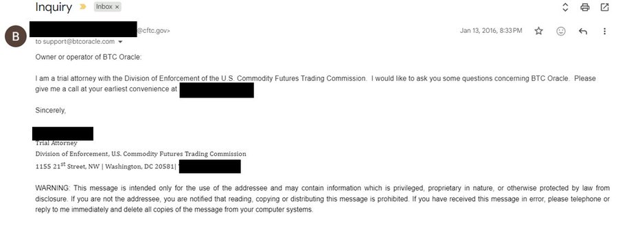 A redacted email from a CFTC trial attorney to "support@btcoracle.com" requesting to call about BTC Oracle, dated Jan 13, 2016.