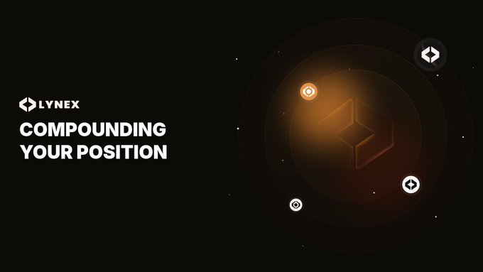 The image features the Lynex logo alongside the text "COMPOUNDING YOUR POSITION" on a dark background with a glowing hexagonal graphic. It visually represents the continuous cycle described in the post of merging and maximizing veLYNX voting power to keep one's position compounded at full strength.