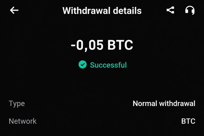 A dark-themed mobile app screen showing 'Withdrawal details' for a successful transaction of '-0,05 BTC' via a 'Normal withdrawal' on the 'BTC' network.