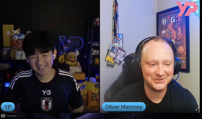 A split-screen video call featuring two men wearing Y-3 branded apparel; the left label reads 'YP' and the right reads 'Oliver Maroney', both smiling during what appears to be a livestream or podcast.