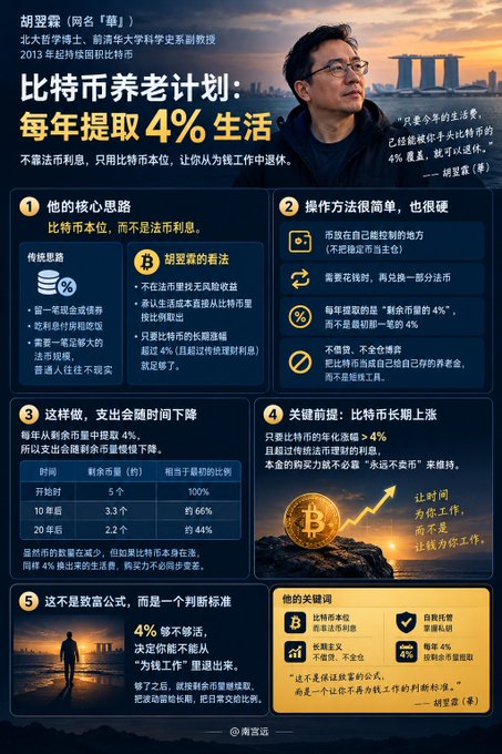 An infographic titled "Bitcoin Retirement Plan: Withdraw 4% Annually" featuring cryptocurrency expert Hu Yilin (胡翌霖), who advocates treating Bitcoin as a long-term store of value rather than chasing fiat interest rates. The visual outlines a four-step strategy: hold Bitcoin in cold wallets, use only profits for spending while letting 4% of holdings fund retirement, and withdraw a fixed percentage each year, illustrating that 5 BTC today could sustain roughly 20 years of living expenses—aligning with the post's message that holding 5–10 Bitcoin can fund a basic retirement.