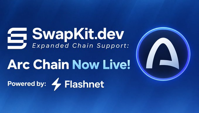 A promotional graphic with the text "SwapKit.dev Expanded Chain Support: Arc Chain Now Live!" and "Powered by: Flashnet" displayed next to a large 'A' logo.