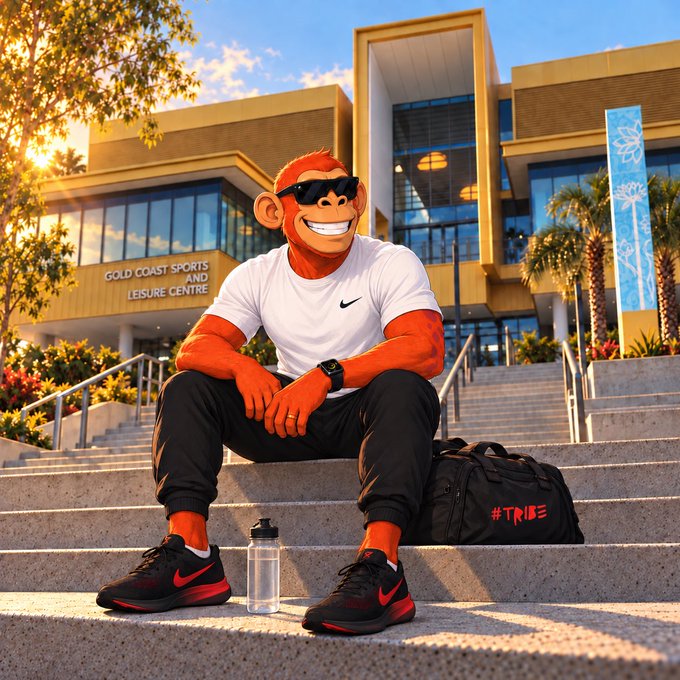 A digitally rendered orange monkey character wearing sunglasses, a white Nike shirt, and black joggers, sitting on the steps of the 'GOLD COAST SPORTS AND LEISURE CENTRE' with a duffel bag labeled '#TRIBE'.
