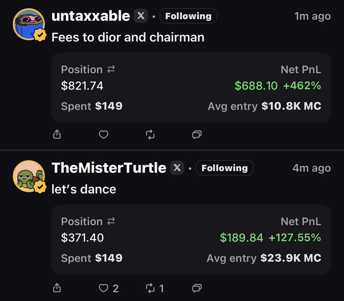 Two users on Pumpfun share winning trades on the $CALLOOOR token, with "untaxxable" posting a +462% gain ($688.10 PnL on $149 spent with a $10.8K market cap entry) and "TheMisterTurtle" showing a +127.55% gain ($189.84 PnL at a $23.9K market cap entry), illustrating coordinated "calloor" community trades.