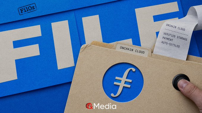 A Filecoin (FIL) promotional image showing blue envelopes and a brown folder containing a receipt that reads 'ONCHAIN CLOUD, VERIFIED STORAGE PAYMENT, AUTO-SETTLED,' with a Filecoin logo.