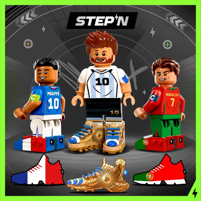 A STEP'N advertisement featuring three LEGO-style figurines representing football stars Mbappé, Messi, and Ronaldo in their national team jerseys, along with matching sneakers and a golden World Cup-style sneaker.