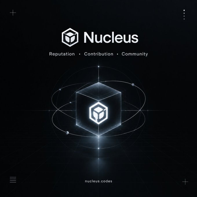 A dark-themed promotional graphic for "Nucleus" features a glowing wireframe cube centered on a reflective grid, encircled by orbital rings and small floating spheres, with the tagline "Reputation • Contribution • Community" beneath the hexagonal logo and the URL "nucleus.codes" at the bottom. The image visually reinforces the post's emphasis on Nucleus as more than a simple reputation leaderboard, symbolizing the platform's structured, multi-dimensional approach to evaluating onchain activity and social footprint through a unified core system.